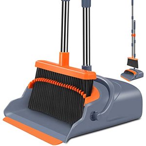 lot 25862 image: kelamayi Upgrade Broom and Dustpan Set, Self-Cleaning with Dustpan Teeth, Indoor&Outdoor Sweeping, Ideal for Dog Cat Pets Home Use, Stand Up Broom and Dustpan (Gray&Orange)