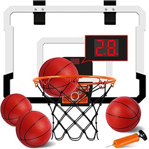 lot 25865 image: Xucutu Indoor Mini Basketball Hoop with Electronic Scoreboard - Over The Door for & Wall Office Room Score 4 Balls Foldable Kids, Teens, Adults