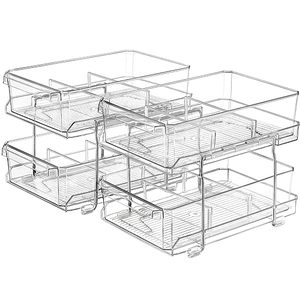 lot 25867 image: 2 Set, 2 Tier Large (8.5 Wide) Clear Organizer with Dividers, MultiUse Slide-Out Storage Container - Kitchen, Pantry, Medicine Cabinet Storage Bins, Bathroom, Vanity Counter, Under Sink Organizing