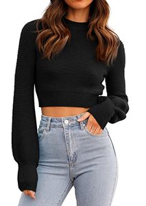 lot 25880 image: Womens Sexy Cropped Sweaters Pullover Long Sleeve Ribbed Knit Crop Jumper Tops Black