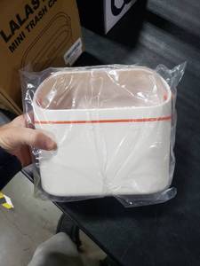 lot 2643 image: LALASTAR Lint Bin, Mini Desktop Trash Can with Lid for Office Countertop, Mountable Tiny Wastebasket for RV, Dorm, Freezer, Laundry and More (Orange)