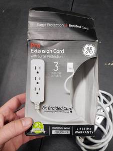 lot 2786 image: GE Pro 3-Outlet Power Strip with Surge Protection, 8 Ft Designer Braided Extension Cord, Grounded, Flat Plug, 250 Joules, , UL Listed, GrayWhite, 38433