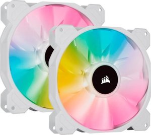 lot 2806 image: CORSAIR - iCUE SP140 RGB ELITE Performance 140mm White PWM Dual Fan Kit with iCUE Lighting Node CORE - White