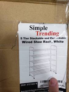 lot 2816 image: Simple Trending 5-Tier Stackable Shoe Rack, Expandable & Adjustable Shoe Organizer Storage Shelf, Wire Grid, White