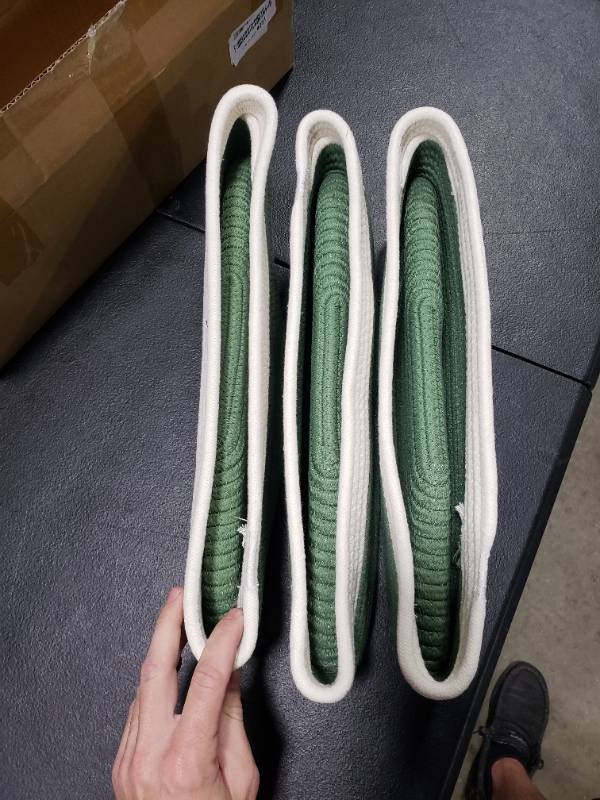 lot 3262 image: Kriitools Shelf Storage Baskets for OrganizingCute Basket for Closet&Blanket StorageSmall Woven Baskets to Store Toys,Books,etc.-13x8.66x5.11 Cotton Rope,Stylish,Oval 3 Packs Off White&Green