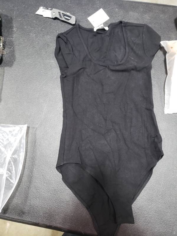 lot 4355 image: MANGOPOP Women Scoop Neck Short Sleeve Long Sleeve Stretchy Basic Bodysuit Shirt (A Short Sleeve Black, X-Small)