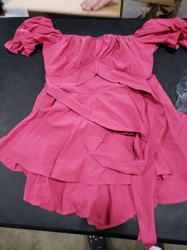 lot 5425 image: LYANER Womens Off the Shoulder Wrap Tie Up Back Ruffle Trim Short Sleeve Romper Short Jumpsuit Hot Pink Medium