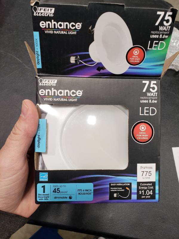 lot 5568 image: Feit Electric 4 inch LED Recessed Downlight - Pre-Mounted Trim - Standard Base Adapter - 5000K Daylight - Dimmable- 75W Equivalent - 45 Year Life - High Output 775 Lumen