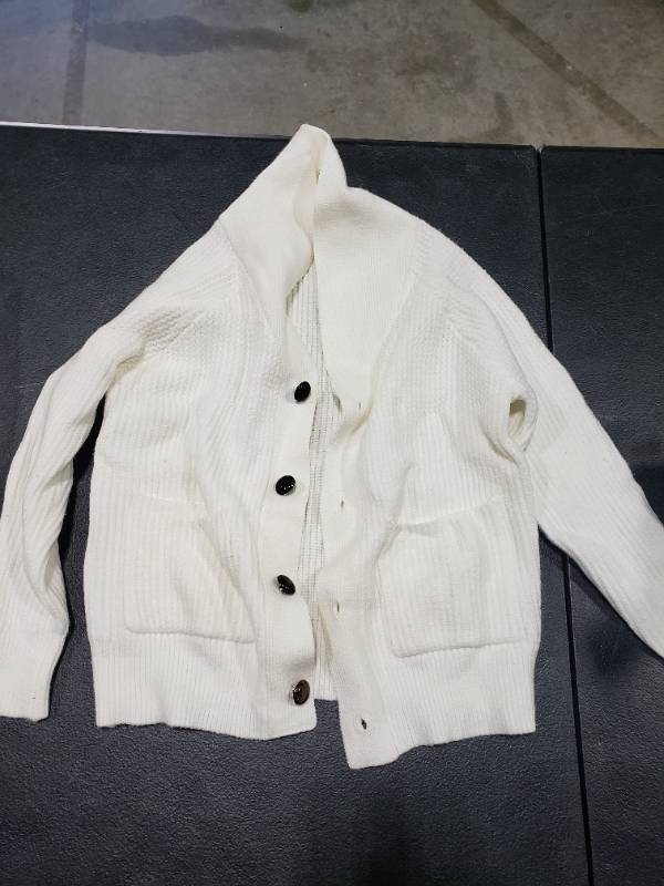 lot 7095 image: Boys Shawl Collar Cardigan Fall Casual Button Down Long Sleeve Cable Knit Sweater with Pockets White