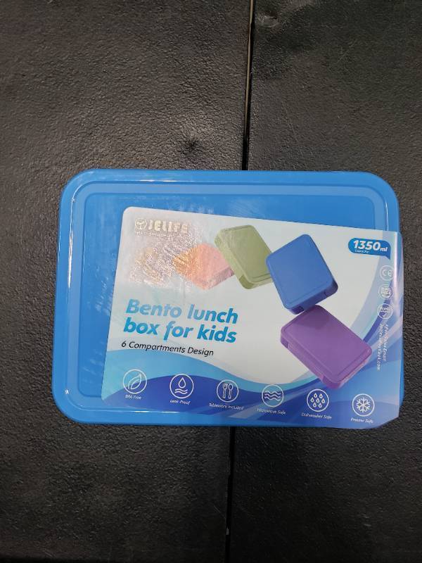 lot 7153 image: Jelife Bento Lunch Box for Kids - 1450ml Leakproof Kids Bento Box 6 Compartments Toddler Lunch boxes with Silverware for Back to School, All-in-One Reusable LunchBox Snack Container for Daycare, Blue