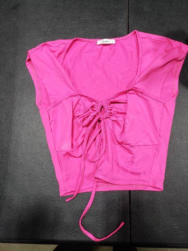 lot 7156 image: Loemes Summer Sweetheart Neckline Crop Tops for Women 2023 Going Out Pink Ruched Tie Up Short Cap Sleeve Outfit for Women Small Pink