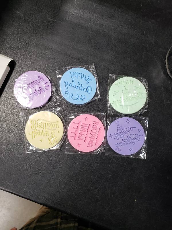 lot 7988 image: Newtay 6 Pcs Happy Birthday Fondant Embosser Cookie Stamps 3D Design Cookie Cutters Happy Birthday Fondant Stamp (Birthday), about 8 cm 3.15 inches in diameter