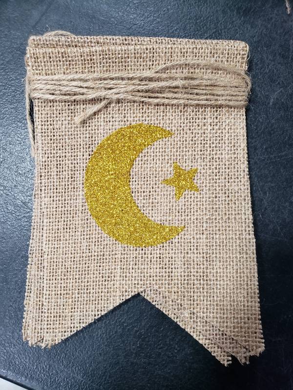 lot 1522 image: Jute Burlap Eid Mubarak Banner with Moon and Star Ramadan Home Mantel Fireplace Decoration