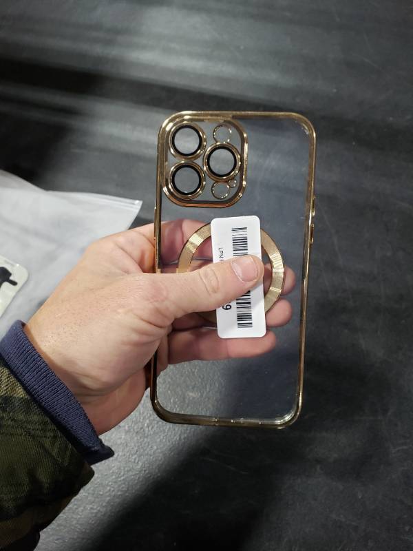 lot 1581 image: Haeuorey Magnetic Clear Case for iPhone 14 Pro Max with Camera Lens Protector, Compatible with MagSafe Shockproof Protective Slim Electroplated TPU Full Protection Case for Women Men (Gold)