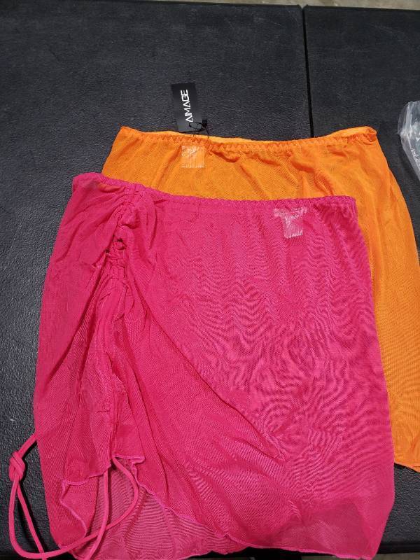 lot 1625 image: AIMAGE Womens 2 Pieces Swimsuit Cover Up Sheer Short Beach Skirt with Drawstring Orange  Rose Red XL