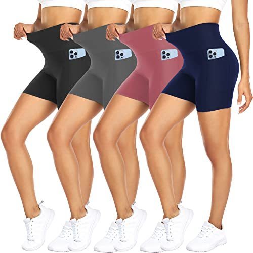 lot 5645 image: FULLSOFT 4 Pack Biker Shorts for Women 5 High Waist Tummy Control Workout Yoga Running Compression Exercise Shorts with Pockets(4 Pack BlackNavy BlueGreyPink,Large-X-Large)