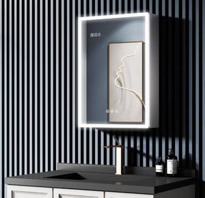 lot 14004 image: LIGMIRR Bathroom Medicine Cabinet with Lights, 20�28 Inch LED Medicine Cabinet with Mirror, Lighted Medicine Cabinet with Defogger, Dimmer, Digital Clock & Temp Display, Surface Mount Retail $250