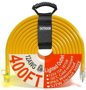 lot 14006 image: 400 ft Outdoor Extension Cord Waterproof 123 Gauge Heavy Duty with Lighted end, Flexible Cold-Resistant 3 Prong Electric Cord Outside, 15Amp 1875W 12AWG SJTW, Yellow, ETL HUANCHAIN Retail $190