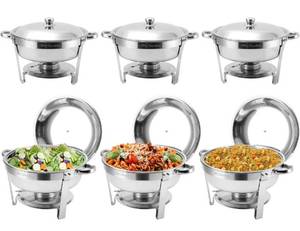 lot 14016 image: BriSunshine 6 Packs 5QT Chafing Dish Buffet Set,Stainless Steel Buffet Servers and Warmers,Round Chafer Food Warmer with Lid & Holder for Parties Catering Retail $240