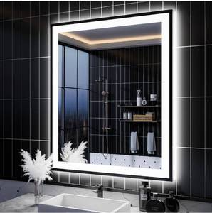 lot 14017 image: ISKM 36x28 Inch Framed LED Lighted Bathroom Mirror with Front and Backlight, Stepless Dimmable Anti-Fog Wall Mirror, Memory, Shatter-Proof, 3 Colors Vanity Mirror Retail $260
