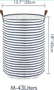 lot 14054 image: DOKEHOM 18-Inches Freestanding Laundry Basket with Lid, Collapsible Large Drawstring Clothes Hamper Storage with Leather Handle (Blue Stripe, M)