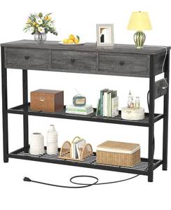 lot 14061 image: Ecoprsio 47 Entryway Table with Outlets and USB Ports, Console Table with 3 Drawers, Sofa Table Narrow Long with Storage Shelves for Living Room, Couch, Hallway, Foyer, Kitchen Counter, Grey Retail $125