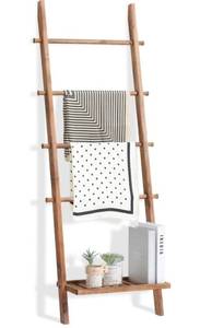 lot 14067 image: FUIN 5ft Wood Blanket Ladder with Bottom Shelf for Living Room Decorative Wall Leaning Farmhouse Quilt Display Holder Storage Rustic Wooden Towel Rack for Bathroom, Light Brown