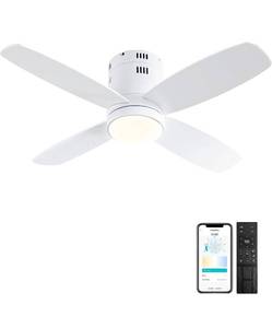 lot 14096 image: Ohniyou Ceiling Fan with Lights - 38 Small Low Profile Ceiling Fans Remote & APP Control - Dimmable Indoor Outdoor Quiet DC Flush Mount Ceiling Fan for Patio Kitchen Dining Room Bedroom(White) Retail $99