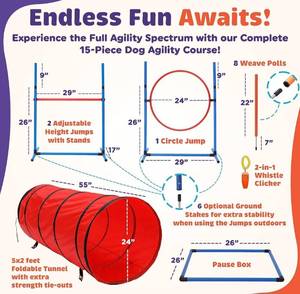 lot 14111 image: 15 Piece Dog Agility Course Backyard Set- Dog Agility Training Equipment Set Includes Dog Agility Tunnel, 3 Dog Agility Jumps, 8 Dog Agility Weave Poles & More- Best Dog Obstacle Course Backyard Set Retail $100