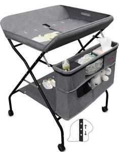 lot 14112 image: Holy Cat Baby Portable Changing Table with Wheels Adjustable Height Folding Infant Diaper Station Mobile Nursery Stand with Newborn Lightweight Large Storage Rack - Grey Retail $90