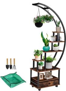 lot 14113 image: LOENIY 7-Tier Half Moon Indoor Plant Stand with Lockable Wheels, 71�� Tall Plant Shelf with Drawer & Accessories, Plant Rack for Multi-plants, Plant Holder Display Rack for Patio Balcony Living Room (Half Moon) Retail $90