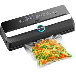 lot 14115 image: Machine for Food Vacuum Packaging wBuilt-in CutterStarter KitLed Indicator LightsEasy to CleanDry & Moist Food Modes Compact Design (Black
