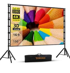 lot 14130 image: Projector Screen and Stand,Towond 150 inch Indoor Outdoor Projection Screen, Portable 169 4K HD Rear Front Movie Screen with Carry Bag Wrinkle-Free Design for Home Theater Backyard Cinema Retail $119