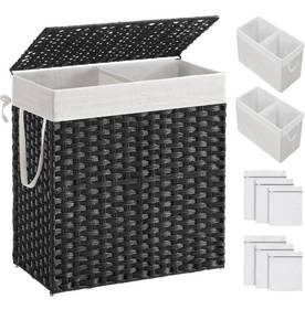 lot 14137 image: SONGMICS Laundry Hamper with Lid, 110L Clothes Hamper with 2 Removable Liner Bags & 6 Mesh Bags, Wicker Laundry Basket, Double Laundry Hamper for Laundry Room, 13 x 22.4 x 23.6 Inches Black ULCB52BK