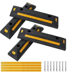 lot 14146 image: DASBET 4 Pack Heavy Duty Rubber Parking Block Parking Curb  Wheel Stop Stoppers with Yellow Reflective Stripes for Car, Truck, RV, Trailer, and Garage (4)