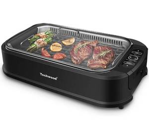 lot 14148 image: Indoor Grill, Techwood 1500W Smokeless Electric Grill with Non-Stick Grill Plates, Korean Grill with Temperature Control, Tempered Glass Lid Retail $115)