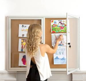lot 14149 image: Enclosed Bulletin Board KBW Aluminum Frame Glass Door Cork Bulletin Board Showcase with Security Lock for School, Office, Hotel, Indoor Outdoor Retail $320
