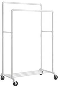 lot 14151 image: SONGMICS Heavy-Duty Clothes Rack, 39.4 Inch Clothing Rack with Storage Shelf, Double-Rod Garment Rack on Wheels, Metal Frame, 2 Casters with Brakes, Holds up to 198 lb, White UHSR060W01