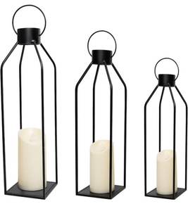 lot 14155 image: HPC Decor 22 19 16 Lanterns Decorative w Flickering Timer Candles- Tall Large Black Metal Candle Lanterns Set of 3- Modern Farmhouse Lanterns Decor for Indoor,Outdoor,Tabletop,Porch (No Glass