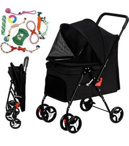 lot 14156 image: Pet Stroller 4 Wheel Foldable Cat Dog Stroller for Small Medium Dogs Cats Travel Stroller with Ten Pet Toys and Removable Liner Blac Retail $100