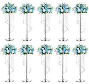 lot 14158 image: Nuptio Wedding Centerpieces Silver Vases 10 Pcs 27.6in Tall Crystal Flower Vase Metal Flowers Stand for Party Tables Decorations - Elegant Bulk Weddings Decoration Table Chandelier Centerpiece stands Retail $250