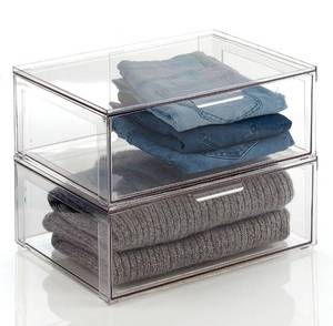lot 14160 image: mDesign Plastic Stackable Closet Storage Organizer Bin Containers with Front Pull Drawer for Cabinet, Desk, Shelf, Cupboard, or Dresser Organization - Lumiere Collection - 2 Pack - Clear