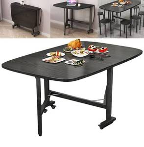 lot 14161 image: Rukulin Drop Leaf Dining Table �� Solid Wooden Foldable Kitchen Table with 6 Wheels for Dining Room (Black) Retail $220
