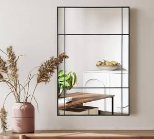 lot 14162 image: Muzilife Black Rectangular Window Mirror, 24x36 Windowpane Wall Mirror, Framed Window Pane Grid Mirror with Hand Polished Metal Frame, Vertically for Wall Decor, Entryway, Living Room Retail $100