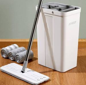 lot 14165 image: JOYMOOP Mop and Bucket with Wringer Set for Home, Hands Free White Flat Squeeze Mop Bucket Set for Floor Cleaning and Wall Cleaner with Long Handle, with 3 Reusable Microfiber Pads