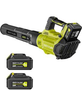 lot 14181 image: SEYVUM Leaf Blower - 480CFM 20V Leaf Blower Cordless with 2 X 3.0 Battery & Charger, 3-Speed Dial Electric Blower Handheld, Lightweight Powerful Battery Operated for Lawn Care, Jobsite Retail $129