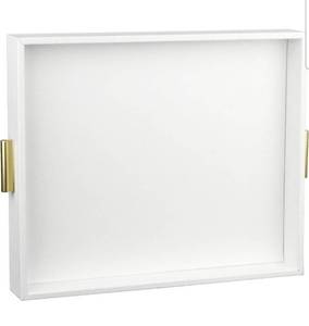 lot 14185 image: HofferRuffer Extra Large Serving Tray with Handles, Elegant Faux Leather Storage Decorative Tray for Coffee Table, Ottoman, Console Table (White TrayGolden Handle)
