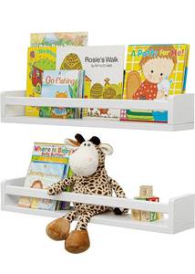 lot 14195 image: Fun Memories Nursery Book Shelves - Rustic Natural Solid Wood Floating Bookshelf for Kids - Wall Book Shelves for Kids Room, Home Decor - Kitchen Spice Rack Set of 2 - White - 24 Inch