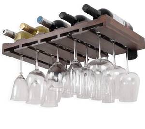 lot 14199 image: Rustic State Palomino Wall Mounted Wood Floating Wine Liquor Bottle Rack with Glassware Holder Stemware Shelf Storage Organizer - Home, Kitchen, Dining Room, Bar D�cor - Walnut Stained