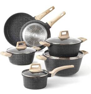 lot 14209 image: Carote Nonstick Granite Cookware Sets 10 Pcs Stone Cookware Set,non stick frying pan set , pots and pans set ( Granite, induction cookware) Retail $89